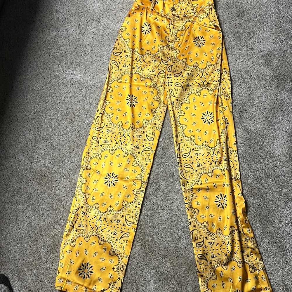 Akira yellow bandana print satin look high waisted trousers
